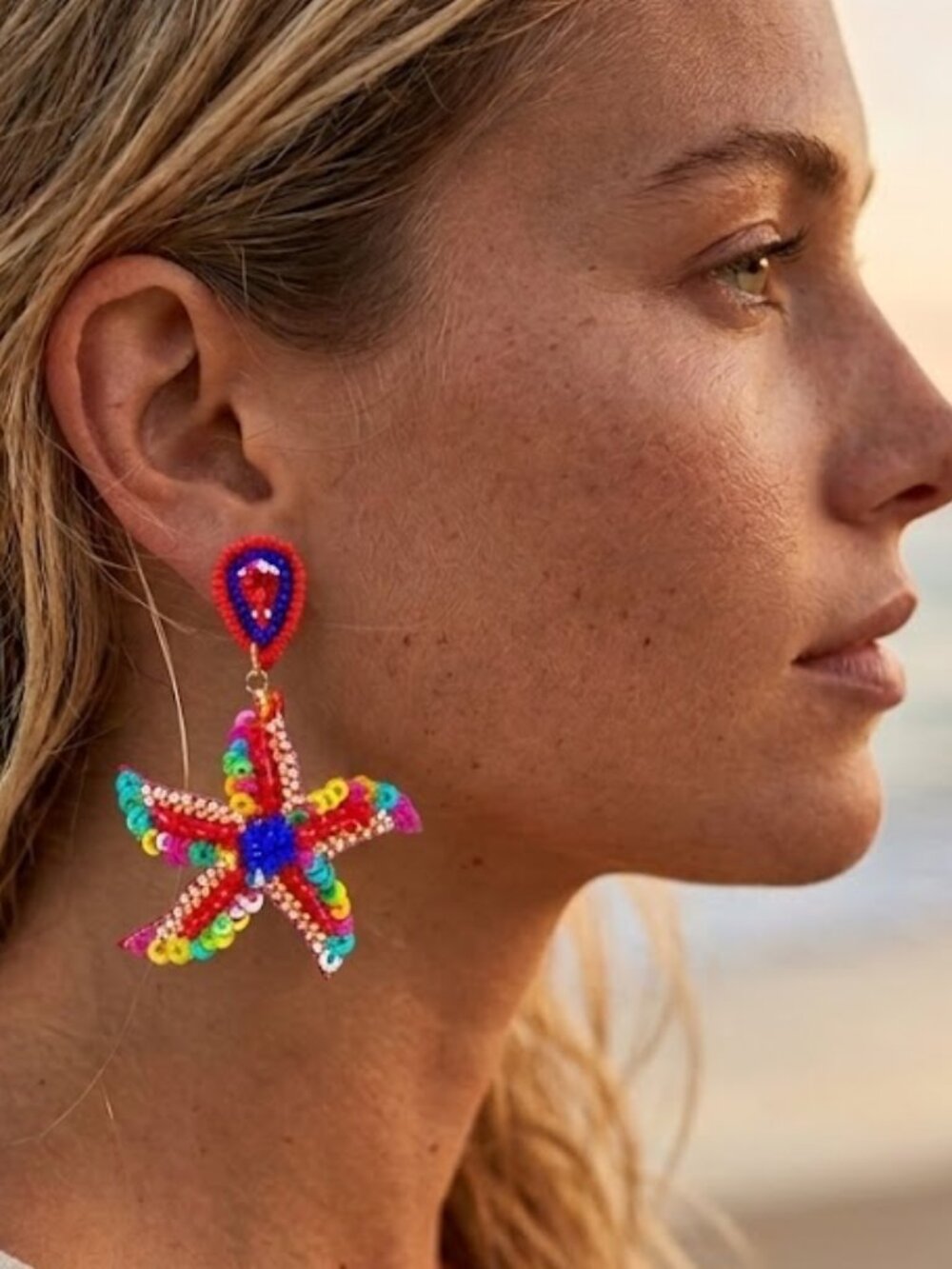 Seed Beaded Sequin Sparkle Gem Topped Starfish Summer Beach Resort Earrings NEW